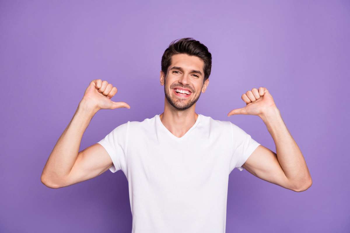 Portrait of his he nice attractive content cheerful cheery guy pointing at himself pick me yes agree isolated over bright vivid shine vibrant lilac violet purple color background